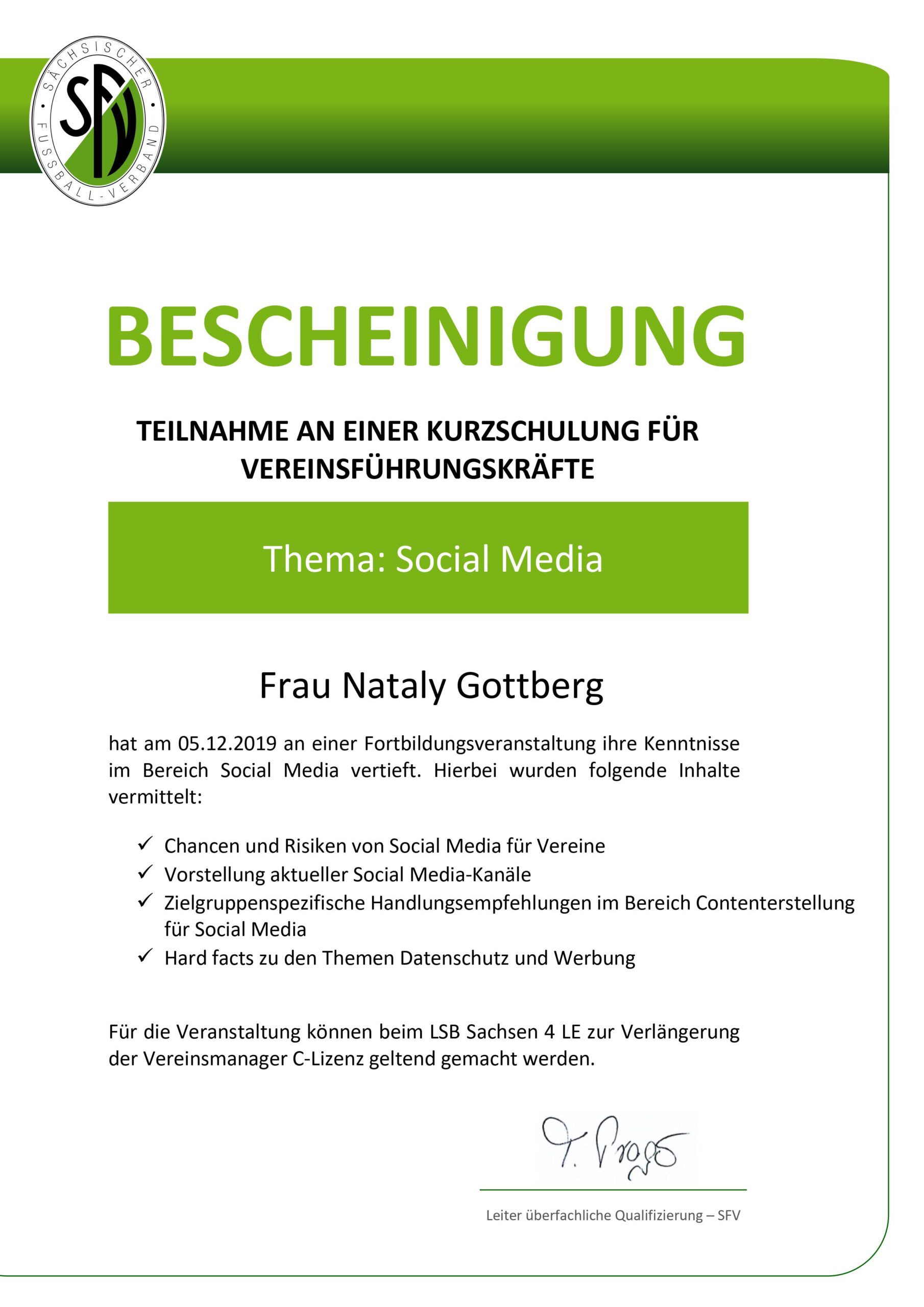 Sächsischer Fußballverband - Zertifikat von Nataly Gottberg